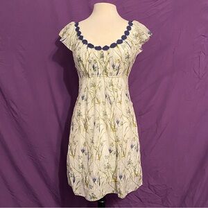 Studio M White Gauzy Cotton/Silk Dress with Blue/Green Floral Print. Size M.